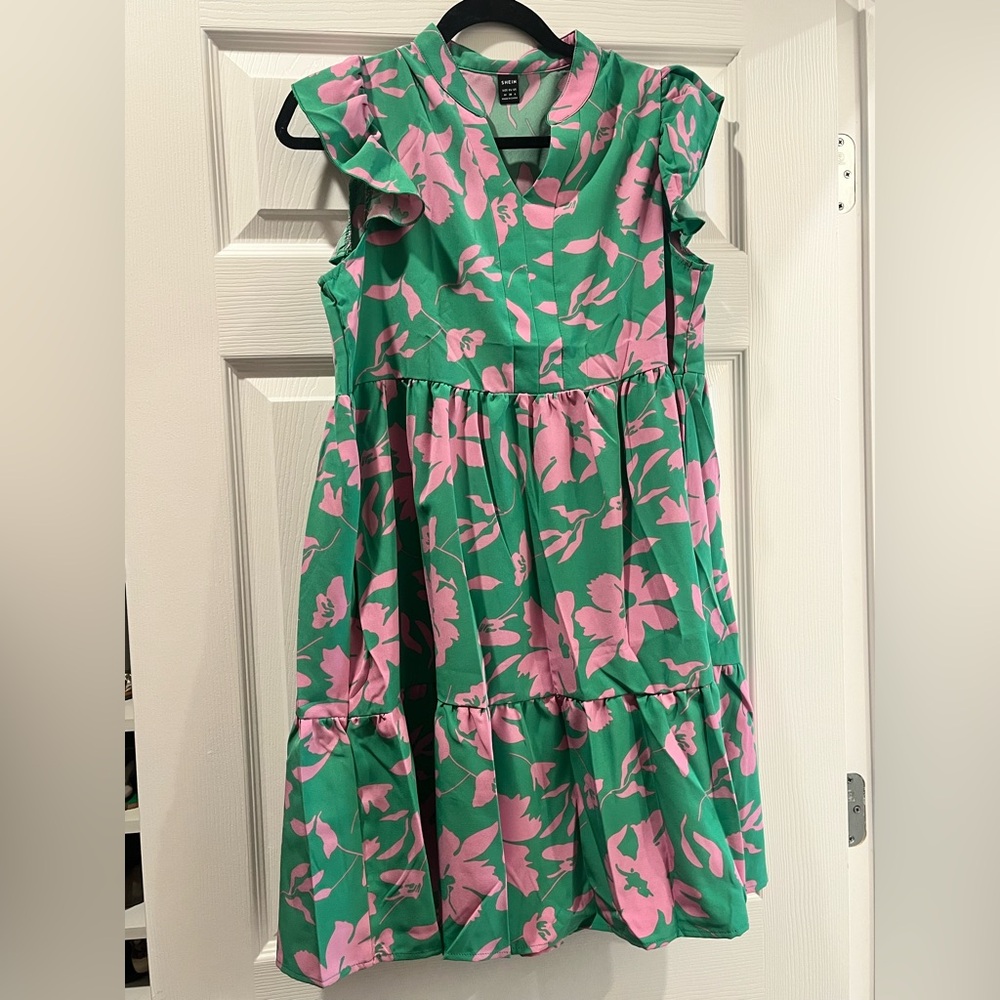 SHEIN Green and Pink Floral Dress